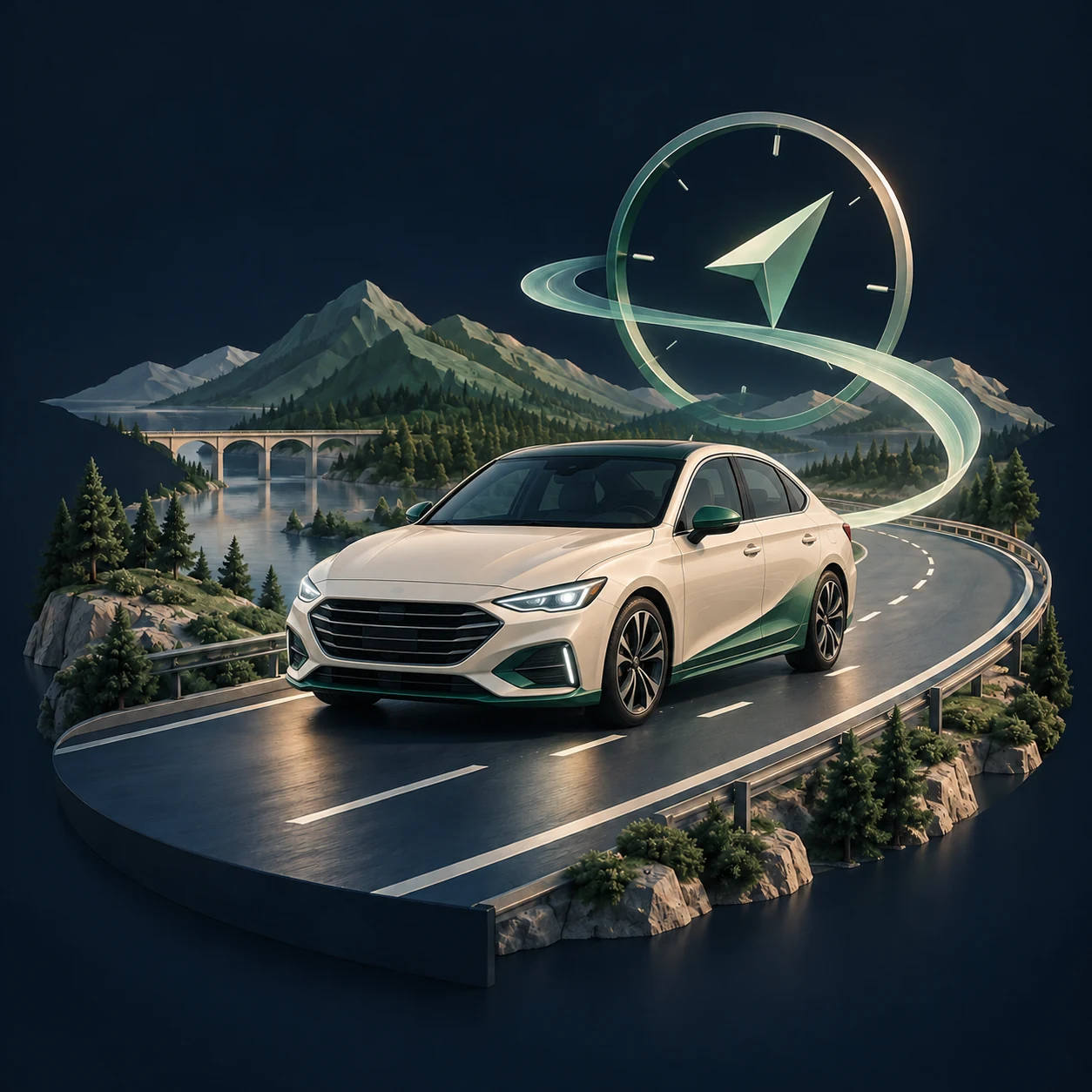 K.A.T.I AI driving assistant visual concept: a regular car following a mountain road beneath an abstract compass and guidance ribbon